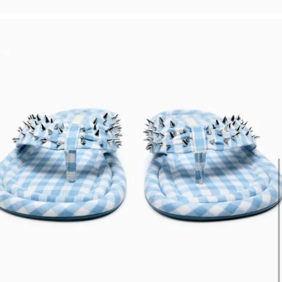 🩵 ZARA BLUE WHITE GINGHAM STUDDED FLIP FLOPS! - Picture 13 of 16